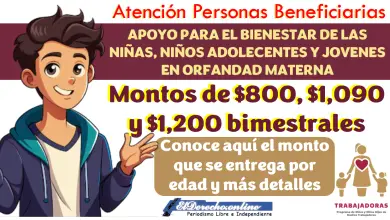 Montos del Apoyo para el bienestar de las niñas, niños, adolescentes y jóvenes en orfandad materna