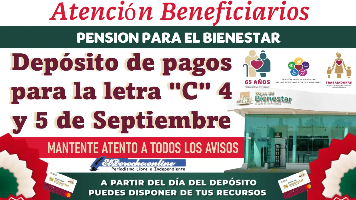 ¡ATENCIÓN! Depósito de pagos para la letra “C” 4 y 5 de Septiembre | Si sales de casa, ubica la sucursal del Banco más cercana donde no te cobraran ninguna comisión